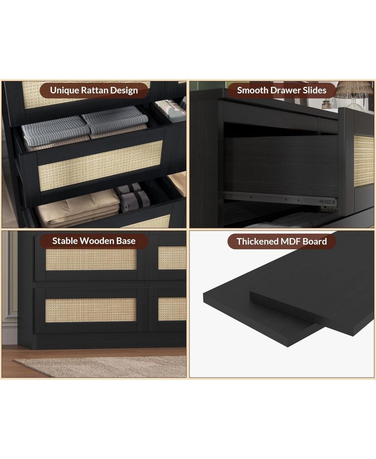 gaomon Rattan Dresser for Bedroom, Modern 8 Drawer Wooden Chest, Wide Wood Beside Table Closet, Nursery, Living Room and Entryway