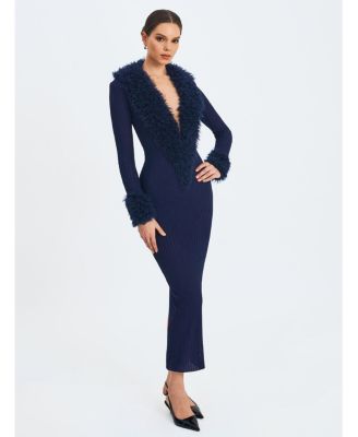 Women's Romina Navy Plunging Fur Trimmed Crochet Maxi Dress