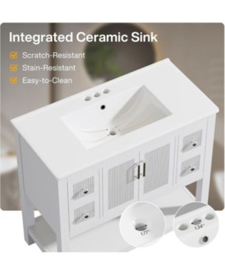 36" Bathroom Vanity with Sink, Modern Freestanding Vanity with Ceramic Porcelain Basin, 2-Door Storage Cabinet & Open Shelf