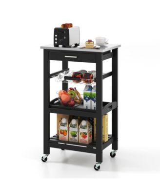 Kitchen Island Cart with Stainless Steel Top and Storage Basket, Rolling Trolley