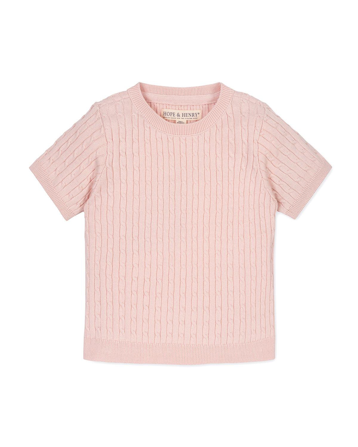 Hope & Henry Girls Organic Short Sleeve Cable Sweater - Pale pink
