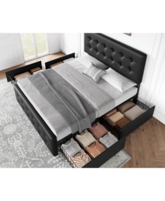 Queen Size Bed Frame with 4 Storage Drawers and Linen Upholstered Headboard,Button Tufted Design, No Box Spring Needed, Dark