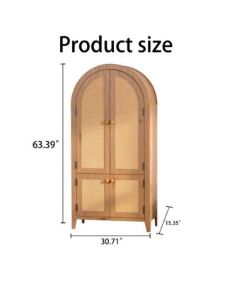 Arched Kitchen Pantry Cabinet, 63.39" Tall Arched Bookcase Rattan Storage Cabinet with Doors Adjustable Shelves