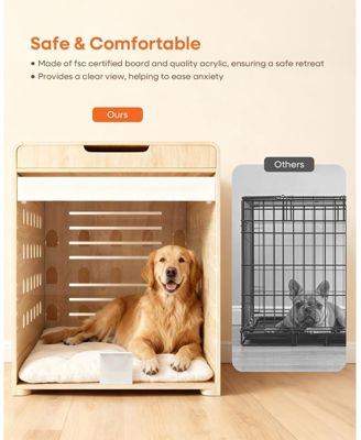 37-Inch Oak Dog Crate Furniture with Charging Station, Large Indoor Wood Kennel Side Table with Flip Up Acrylic Door