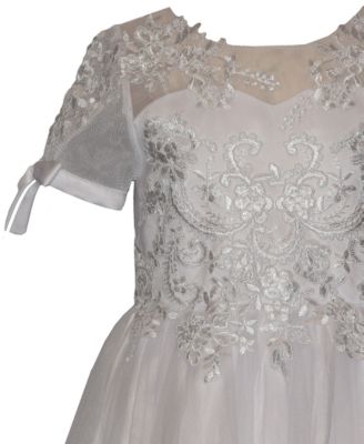 Girls' 7-16 Applique Detail Short-Sleeve Communion Dress