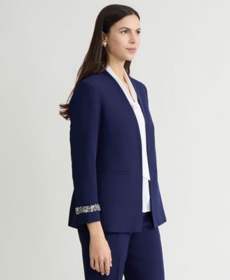 Women's Stretch Crepe Collarless Embellished Bracelet-Sleeve Jacket
