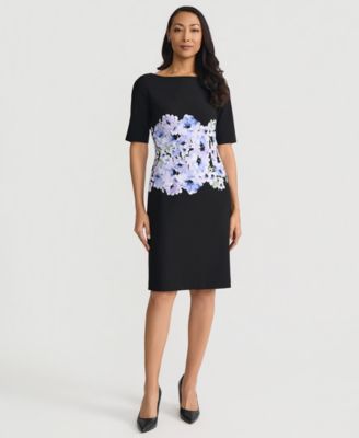 Women's Printed Scuba Crepe Elbow-Sleeve Sheath Dress