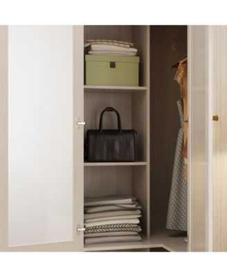 Corner Wardrobe Closet with 2 Glass Doors, Armoire with Hanging Rod