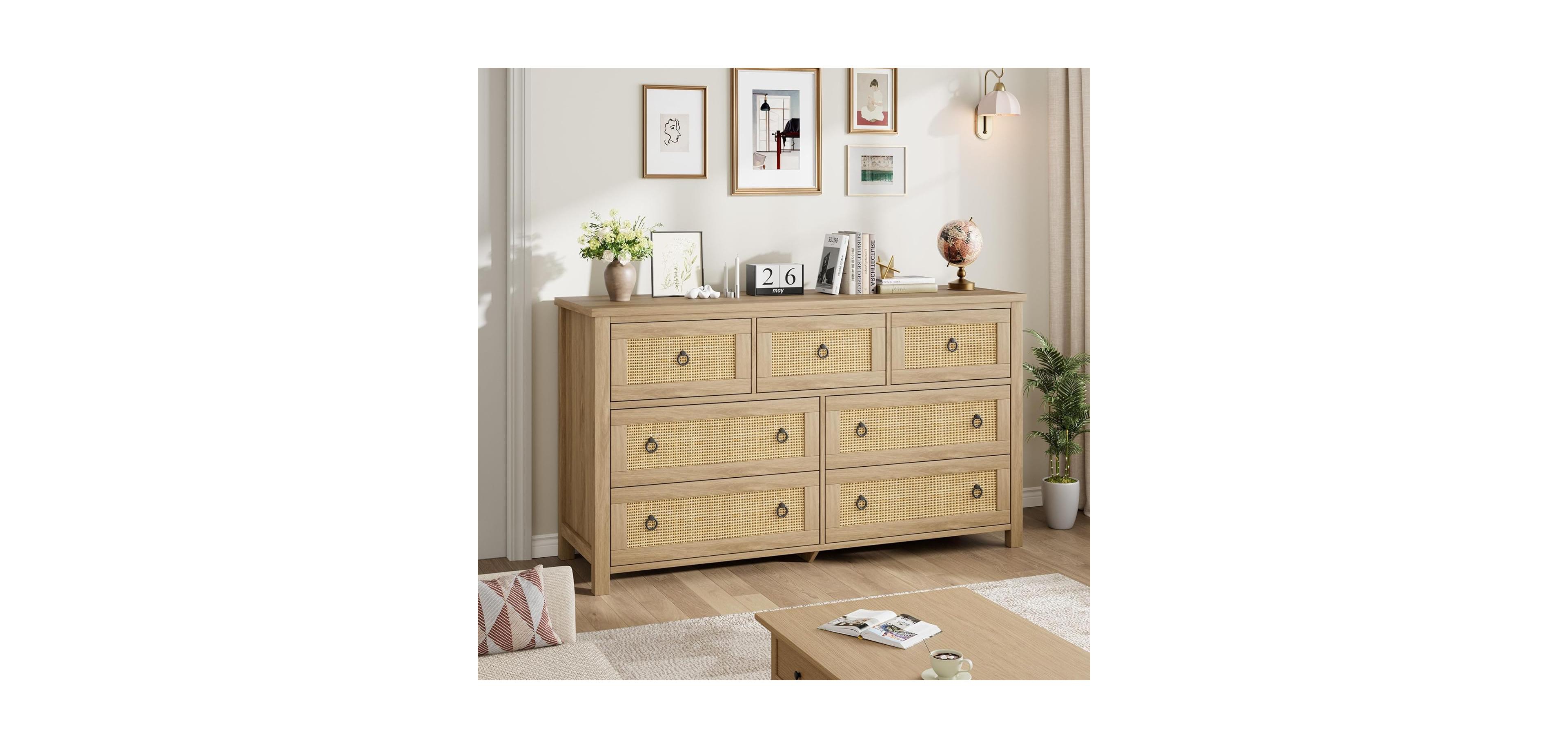 gaomon Dresser for Bedroom, 37 Inch Tall 4-Drawer Chest with Natural Woven Fronts, Freestanding Clothes Storage Cabinet & Organizer for Living Room