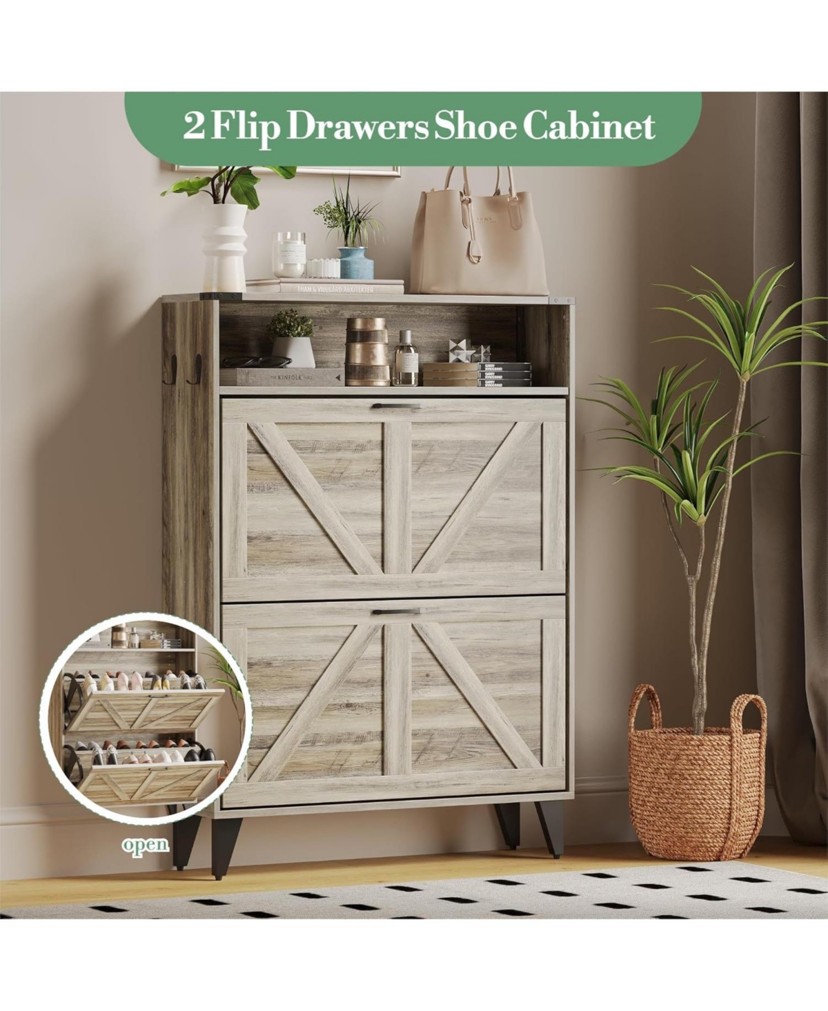 Gamon Shoe Storage Cabinet with 2 Flip Drawers, Freestanding Shoe Organizer, Narrow Shoe Rack Cabinet, Shoe Cabinet Storage