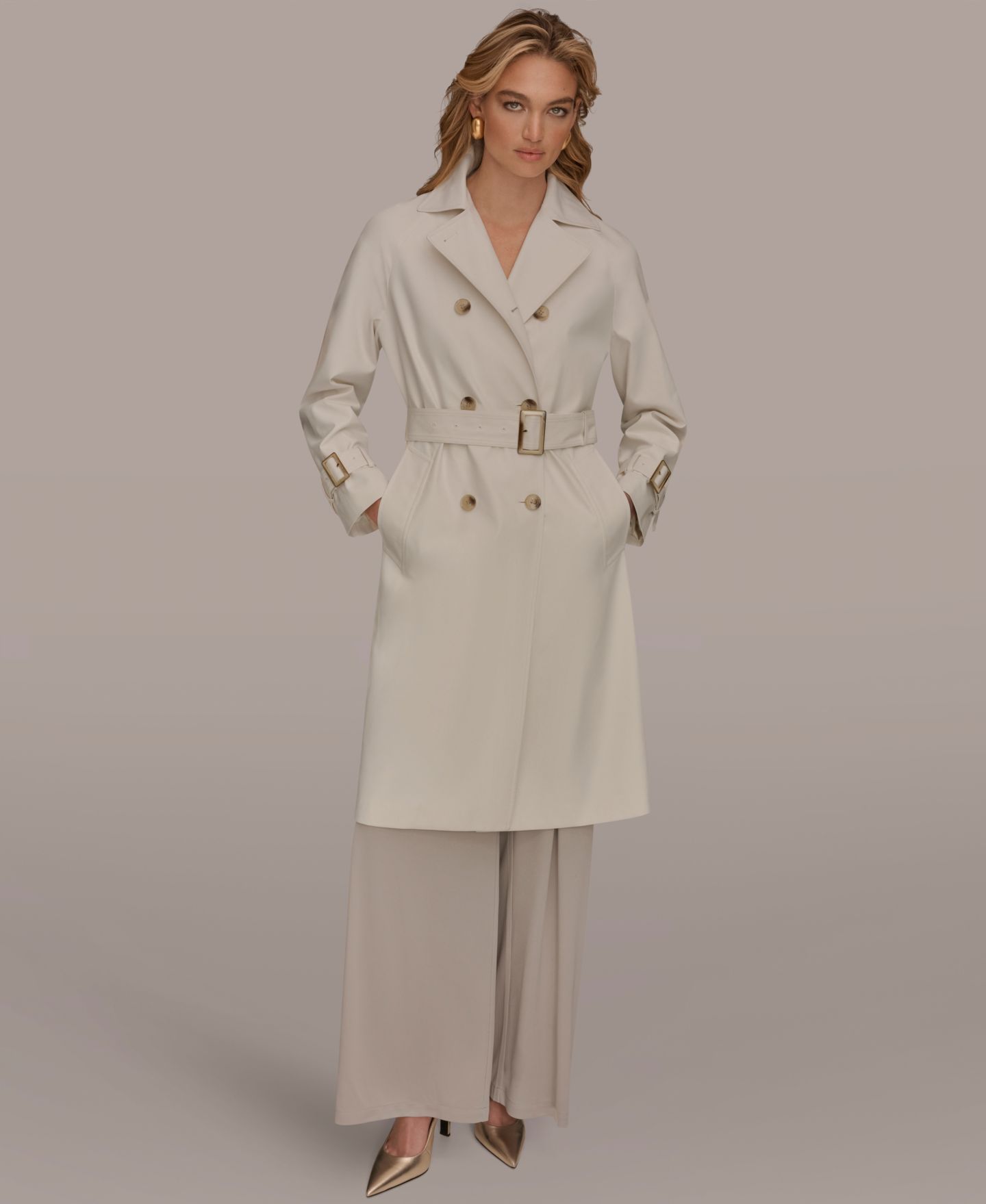 Женское пальто Donna Karan New York Double Breasted Belted Notch Collar Trench, цвет: Кремовый — фото 6