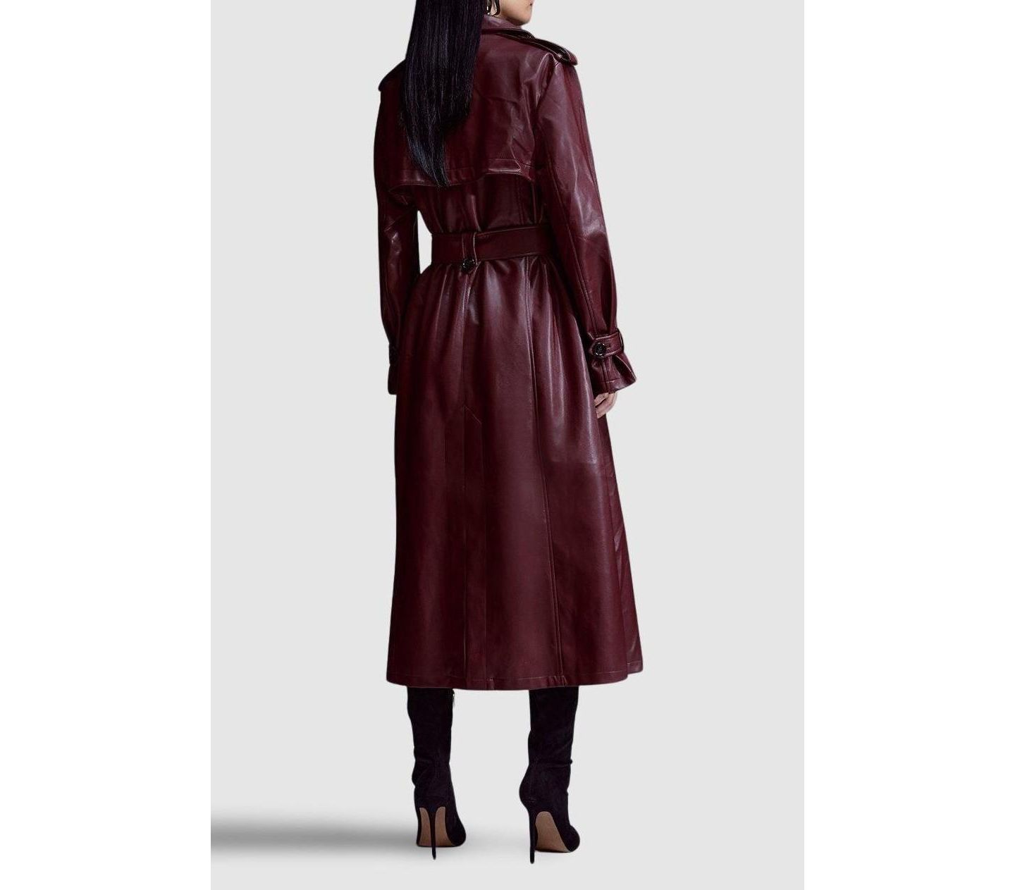 Женское пальто Karen Millen Tailored Faux Leather Belted Trench, цвет: Тёмно-бордовый — фото 9