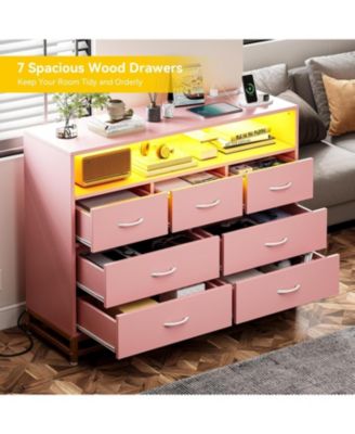 Pink 7-Drawer Dresser for Bedroom – Modern Long Dresser with Charging Station & LED Lights