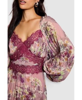 Women's Pleated Lace Trim Midaxi Dress