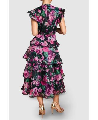 Lace Trim Tiered Organza Midi Dress