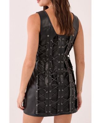 Women's Eyelet Lace Up Faux Leather Mini Dress