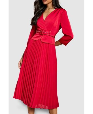 Women's Satin Bodice Pleat Skirt Midi Dress.