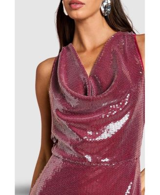 Women's Cowl Front Halter Sequin Maxi Dress