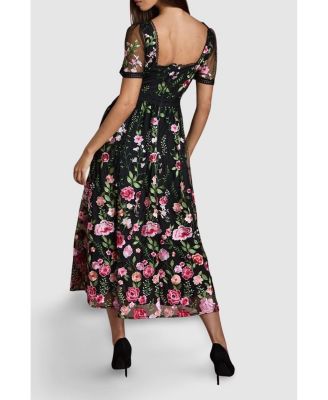 Women's Lace Trim Embroidered Mesh Midi Dress