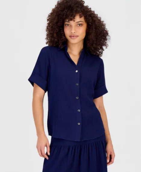 Petite Short-Sleeve Button-Front Shirt  - Distant Mountain