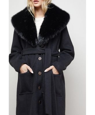 Women's Faux Fur Collar Belted Coat