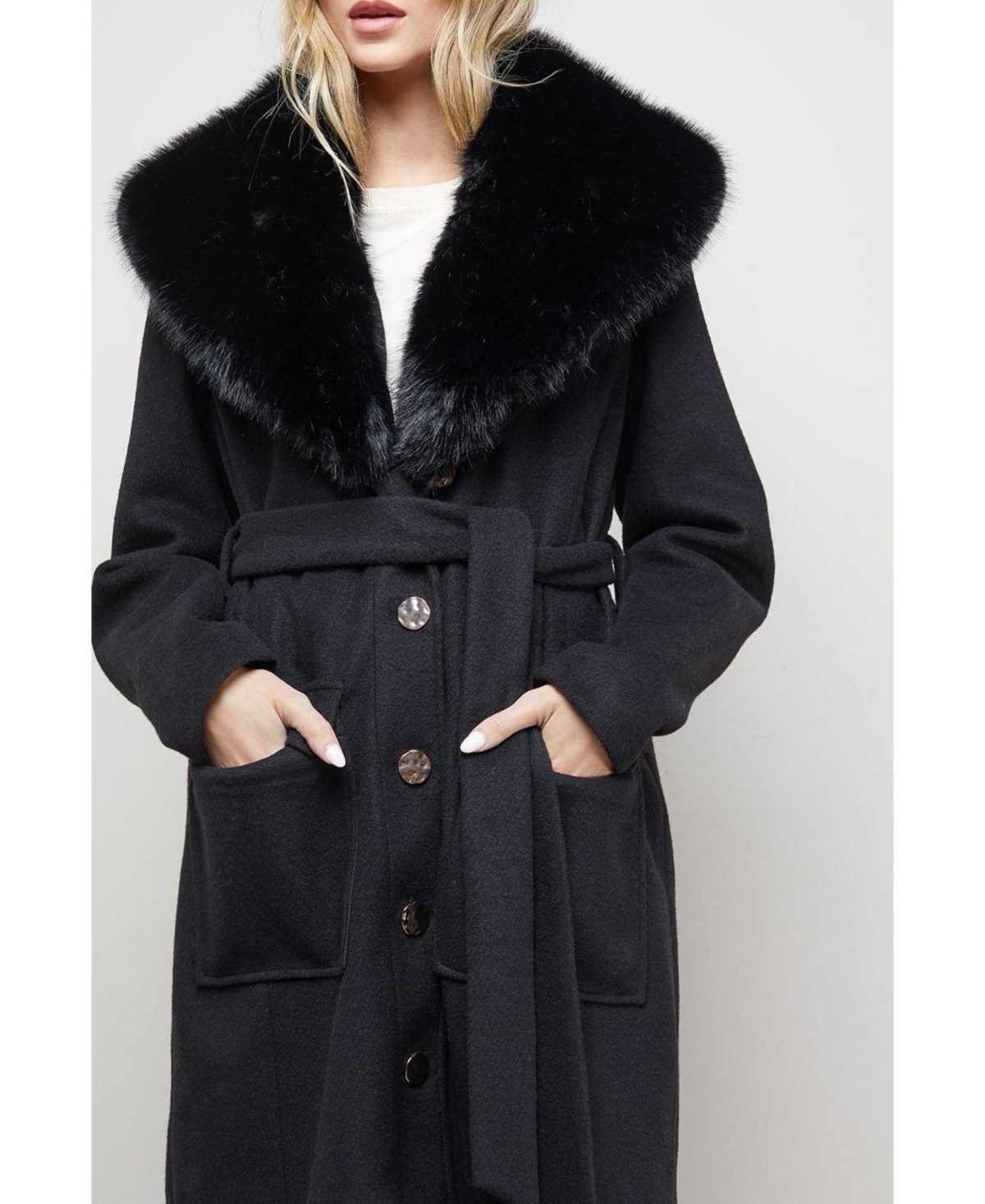 Oasis Women's Faux Fur Collar Belted Coat