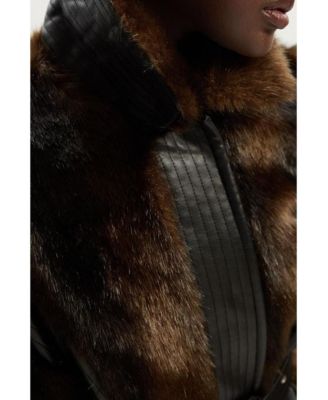Women's Faux Fur PU Panelled Belted Midi Coat