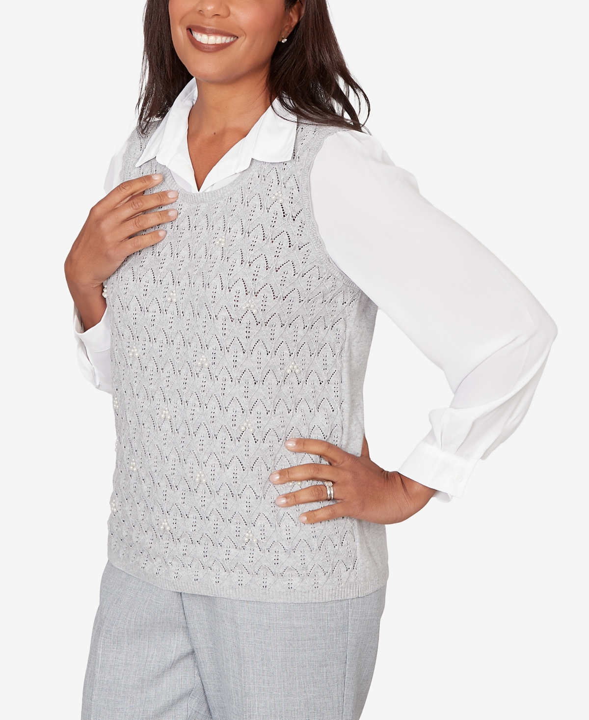 Alfred Dunner Women's Al Fresco Pointelle Mother of Pearl Lace Two One Sweater