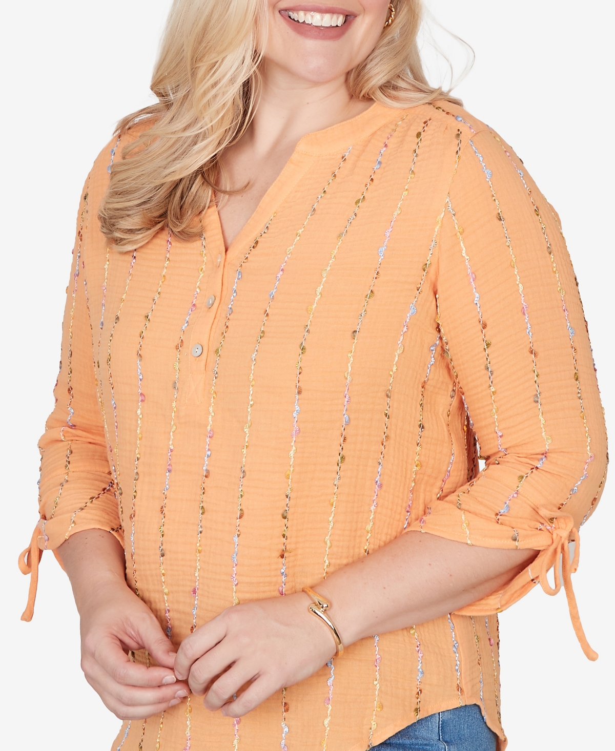 Alfred Dunner Women's Beachcomber Eyelash Gauze Textured Tie Sleeve Henley Top