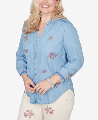 Women's  Beachcomber Floral Embroidered Button Front Top