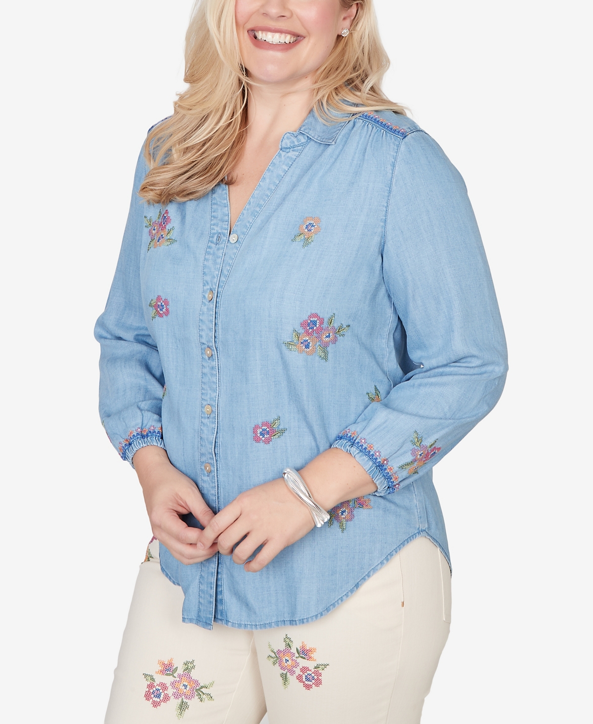 Alfred Dunner Women's Beachcomber Floral Embroidered Button Front Top