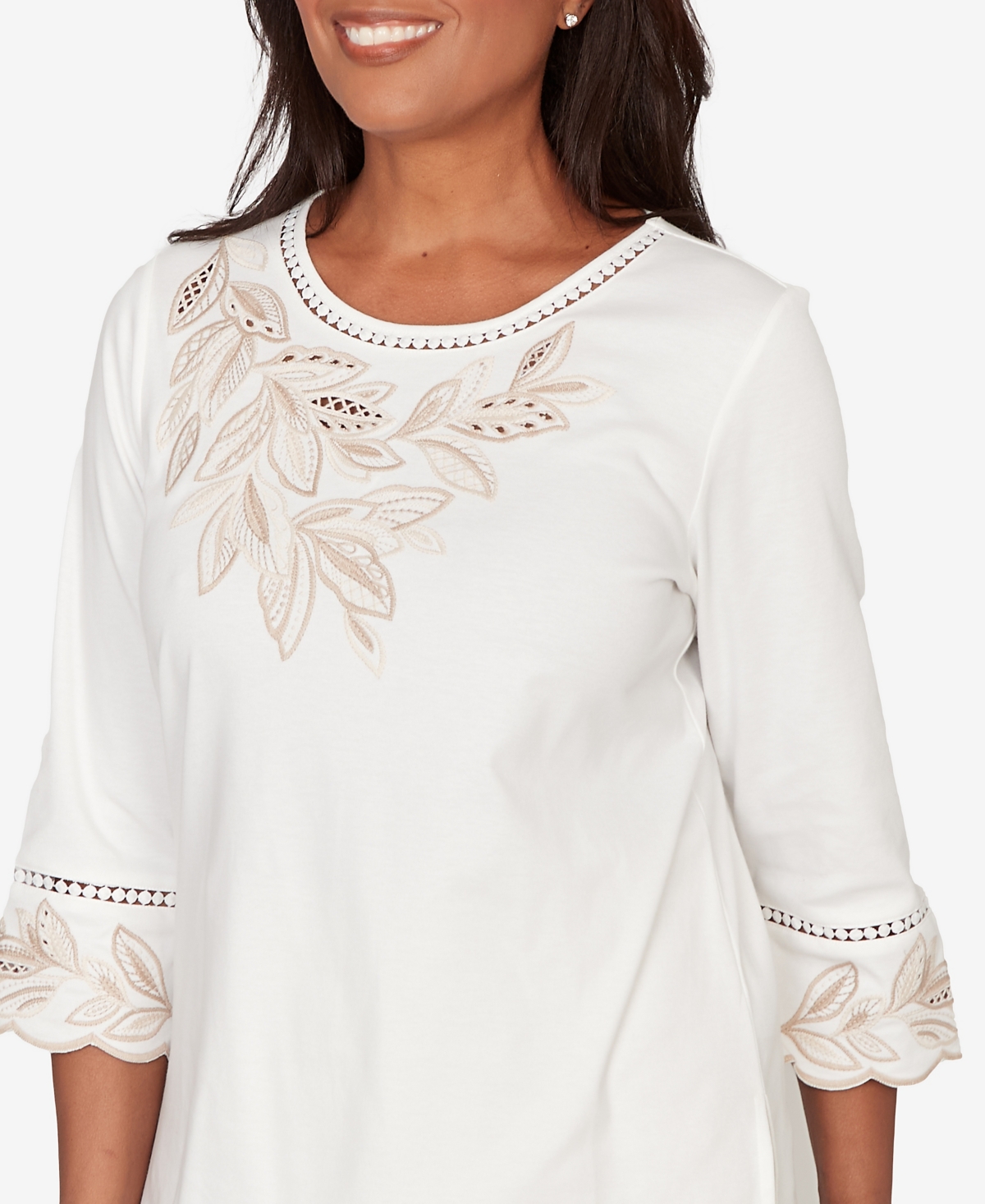 Alfred Dunner Women's Natural Wonder Embellished Leaf Ruffle Sleeve Top