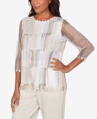 Women's  Natural Wonder Neutral Brushstrokes Mesh Top
