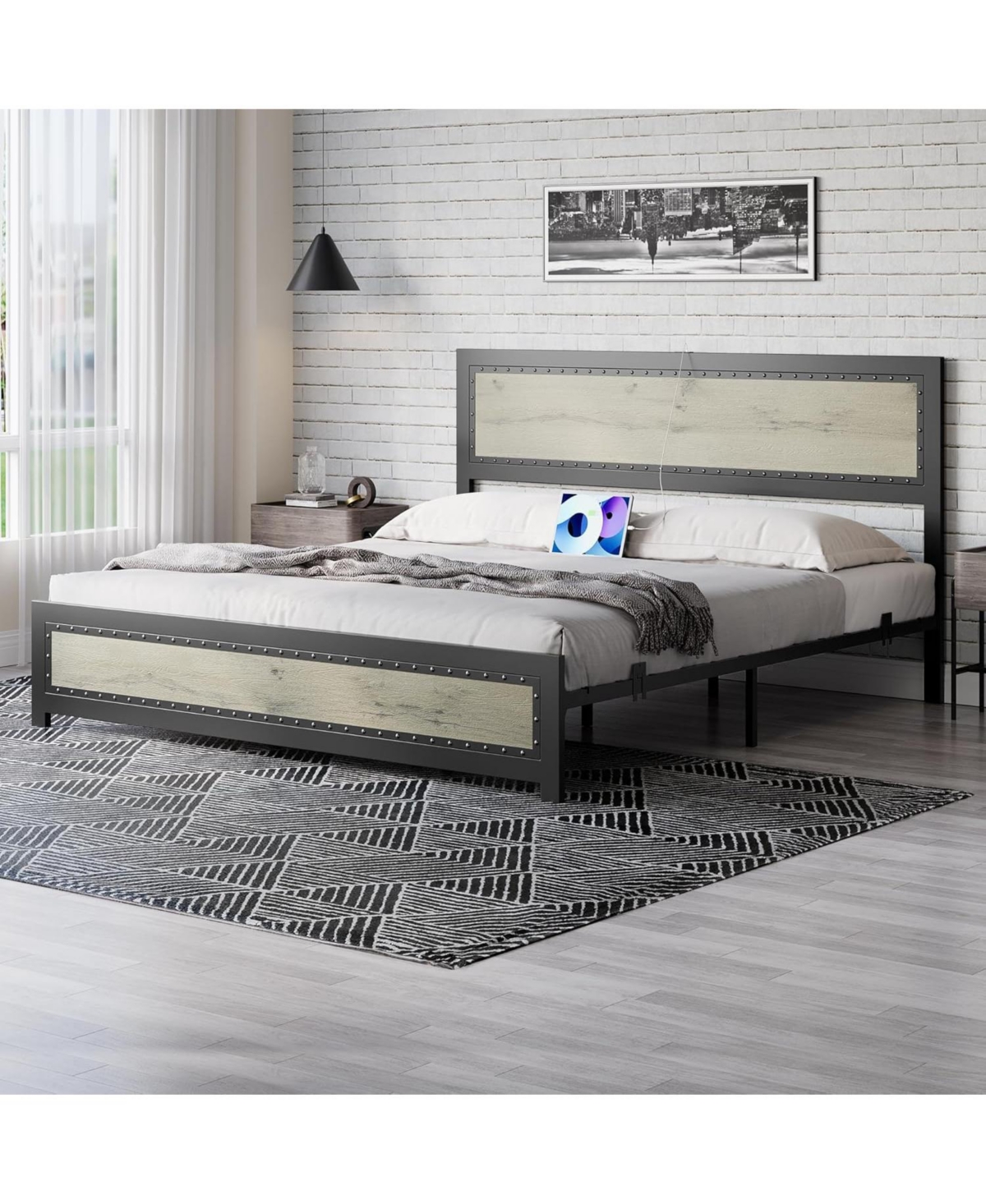 gaomon Bed Frame with Headboard and Charging Station, Sturdy Metal Platform, Wood Accent Bed Frame