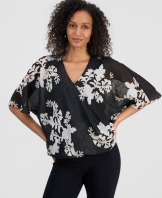 Women's Surplice V-Neck Elbow-Sleeve Top