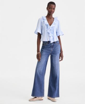 Women's Short Sleeve Ruffle-Front Cotton Blouse