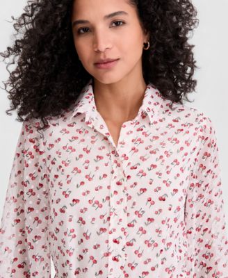 Women's Cherry Print Tie-Belt Button-Front Dress