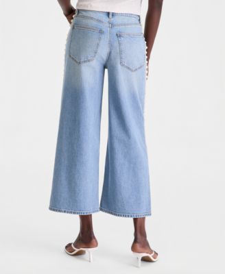 Women's High-Rise Cropped Faux-Pearl-Trim Jeans