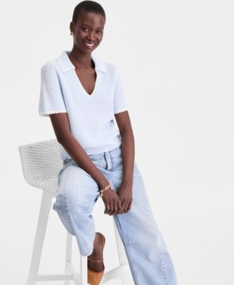 Women's Collared Short-Sleeve Crochet Sweater