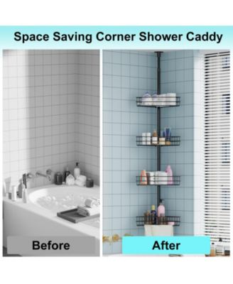 Corner Shower Caddy Tension Pole,  4-Tier Rustproof Bathroom Shelves with Built-In Towel Bars