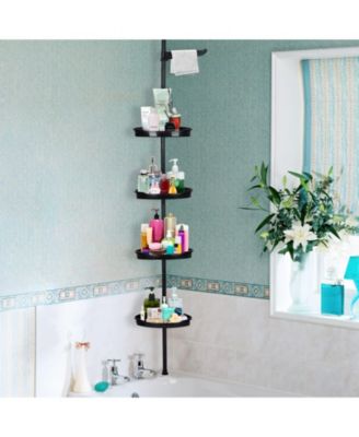 Corner Shower Caddy Tension Pole, Rust-Resistant Bathroom Storage Organizer with 4-Tier Adjustable Shelves & Rubber Pad, 101.6''- 122'' Height