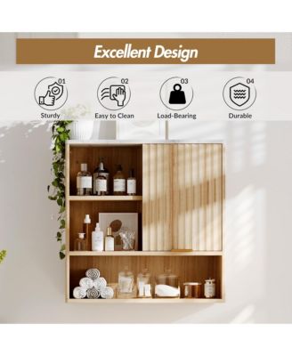 Fluted Bathroom Wall Cabinet with Faux Marble Top & Adjustable Shelf, Modern Medicine Cabinet with Sliding Door and Open Storage Space