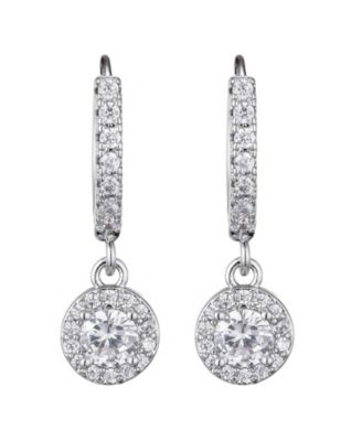 Silver CZ Halo Drop Huggie Hoop Earrings