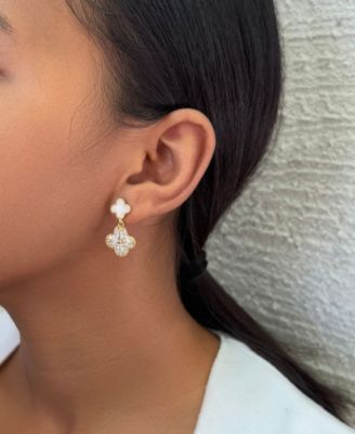 Gold Mother of Pearl and CZ Clover Drop Earrings