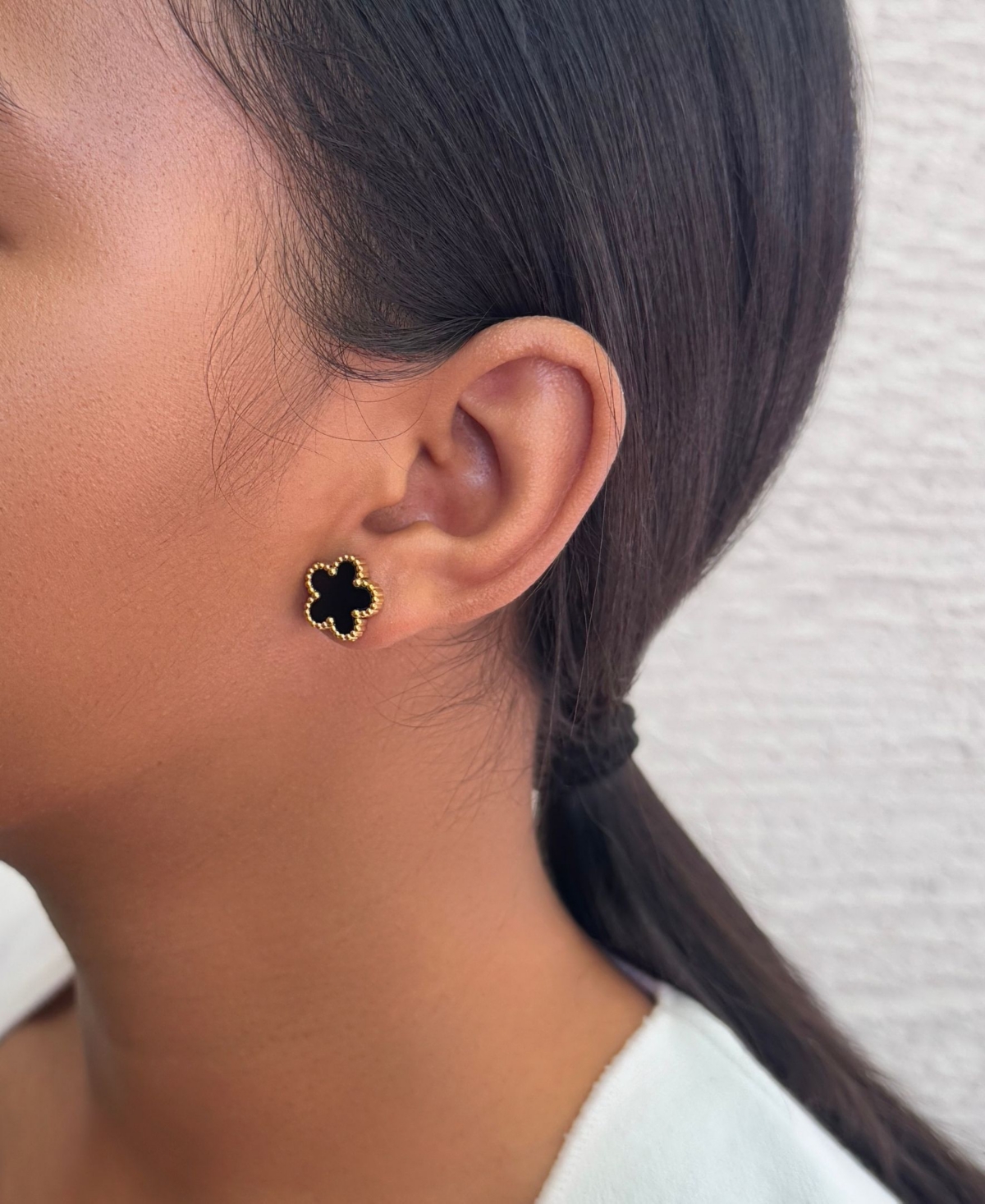 Adornia Tarnish Resistant Gold Black 5-Leaf Clover Stud Earrings