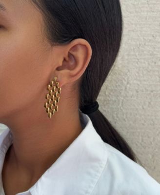 Tarnish Resistant Gold Grid Drop Earrings