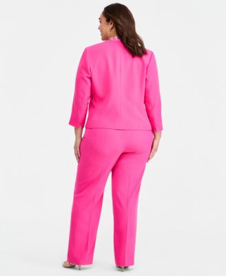 Plus Size Patch Pocket Jacket, Printed Pleat-Neck Top & Straight-Leg Pants
