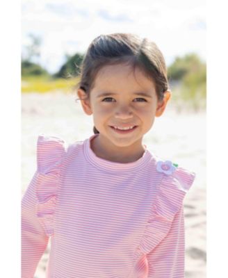 Toddler Girls Stripe Seersucker Rashguard Swimsuit with Flower
