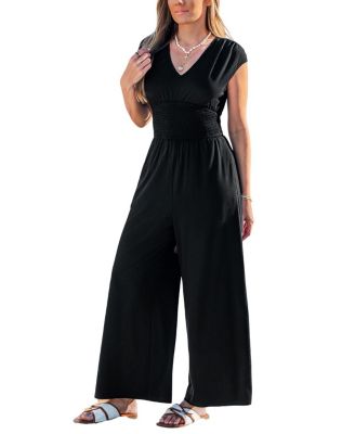 Women's V-Neck Smocked Waist Wide-Leg Jumpsuit