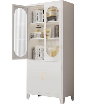 Freestanding Storage Cabinet: 70" Tall White Linen + Pantry + China Cabinet – Tempered Glass Doors, Heavy-Duty Adjustable Shelves